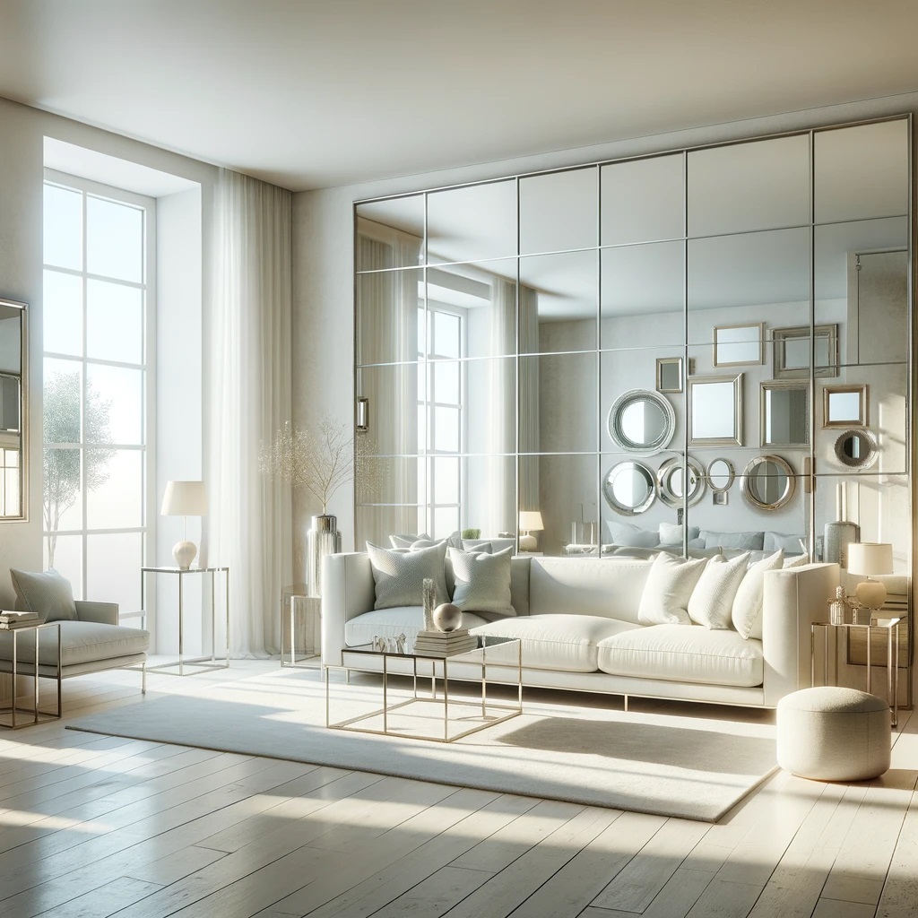 Image of a living room with a wall of mirrors behind the couch